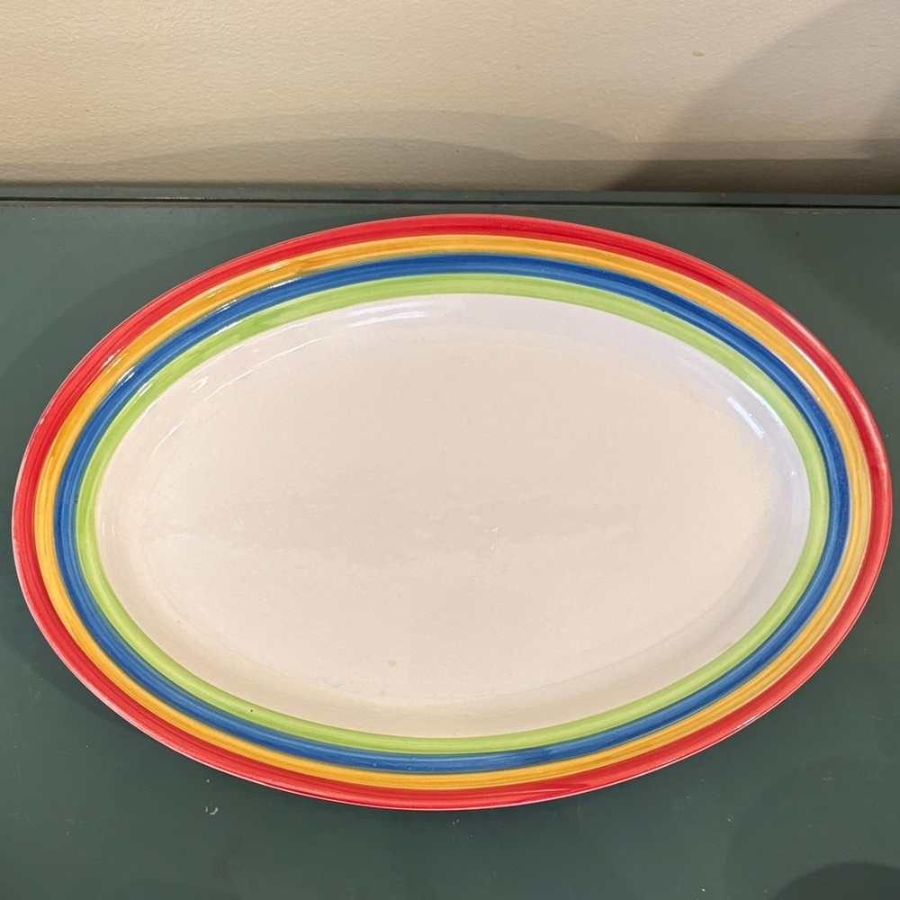 Gibson Hand Painted Rainbow Stripe Ceramic 12.25” Serving Platter